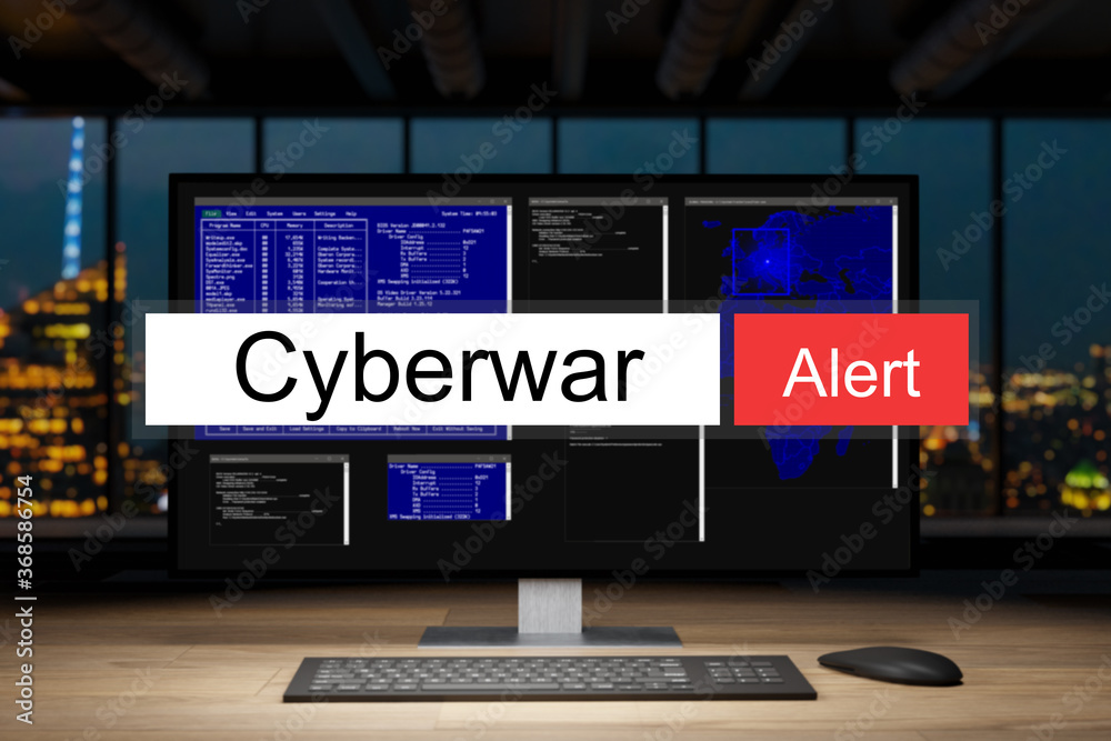 computer workstation in dark night office with skyline view warning cyber war, 3D Illustration computer workstation in dark night office with skyline view warning cyber war, 3D Illustration