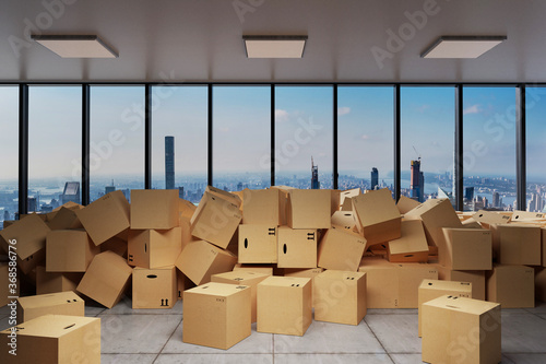 large industrial urban warehouse with large pile of cardboard moving boxes in front of Skyline, conceptual 3D Illustration