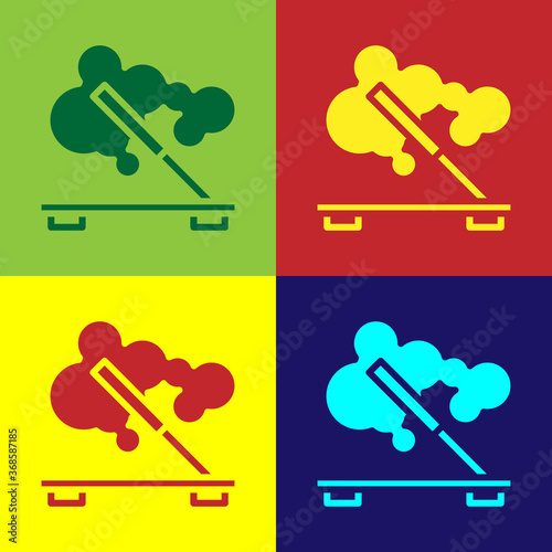 Pop art Scented spa stick on a wooden stand icon isolated on color background. Incense stick. Cosmetic procedure aromatherapy. Vector.