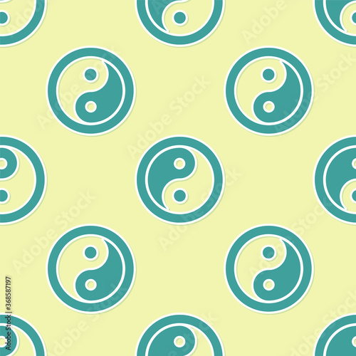 Green Yin Yang symbol of harmony and balance icon isolated seamless pattern on yellow background. Vector.