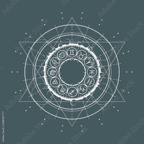 Mystical geometry symbol. Linear alchemy, occult, philosophical sign. Astrology and religion concept. Zodiac circle