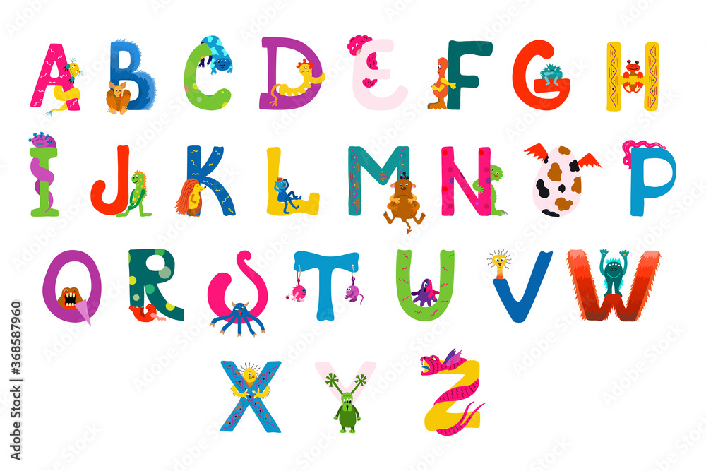 Vector illustration of a complete set of English letters. Bright isolated elements in childish style are drawn by hands on a white background. Decorations made from fictional cartoon monsters.