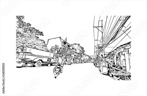 Building view with landmark of Algeciras. The Port of Algeciras is one of the largest ports in Europe. Hand drawn sketch illustration in vector.