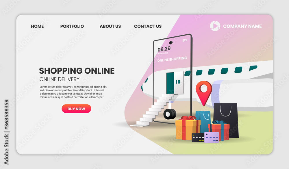 Shopping Online on Mobile Application with plane Concept Digital vector for landing page.3d vector illustration.
