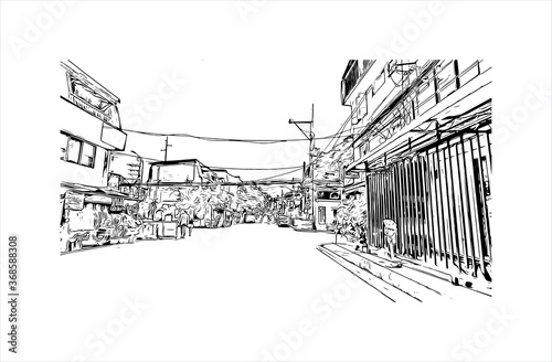 Building view with landmark of Algeciras. The Port of Algeciras is one of the largest ports in Europe. Hand drawn sketch illustration in vector.
