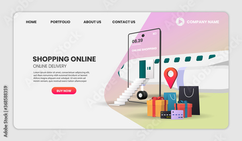 Shopping Online on Mobile Application with plane Concept Digital vector for landing page.3d vector illustration.