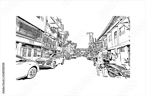 Building view with landmark of Algeciras. The Port of Algeciras is one of the largest ports in Europe. Hand drawn sketch illustration in vector.