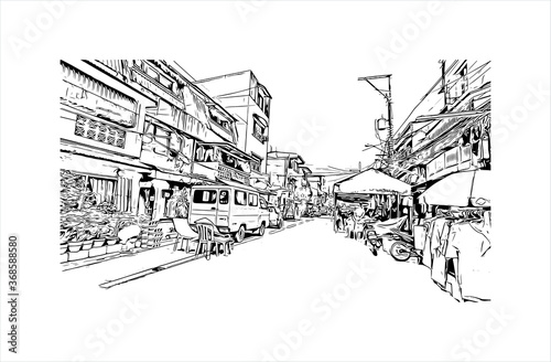 Building view with landmark of Algeciras. The Port of Algeciras is one of the largest ports in Europe. Hand drawn sketch illustration in vector.