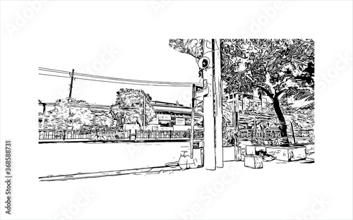 Building view with landmark of Algeciras. The Port of Algeciras is one of the largest ports in Europe. Hand drawn sketch illustration in vector.