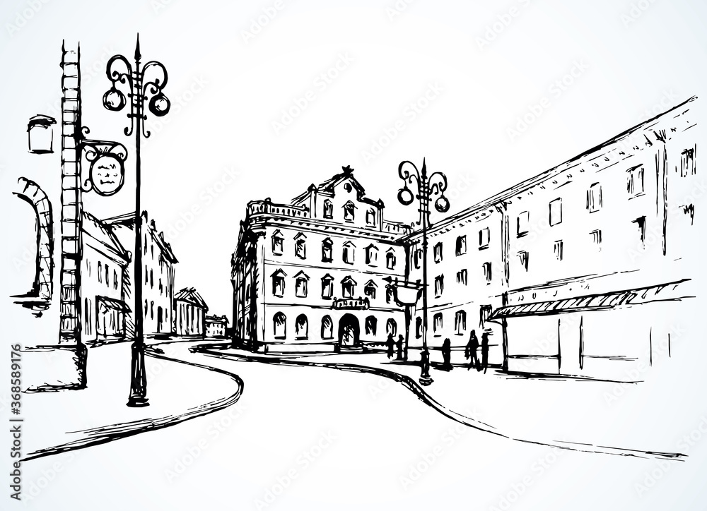 Vector outline. The architectural landscape of the old streets of the city Vector outline. The architectural landscape of the old streets of the city