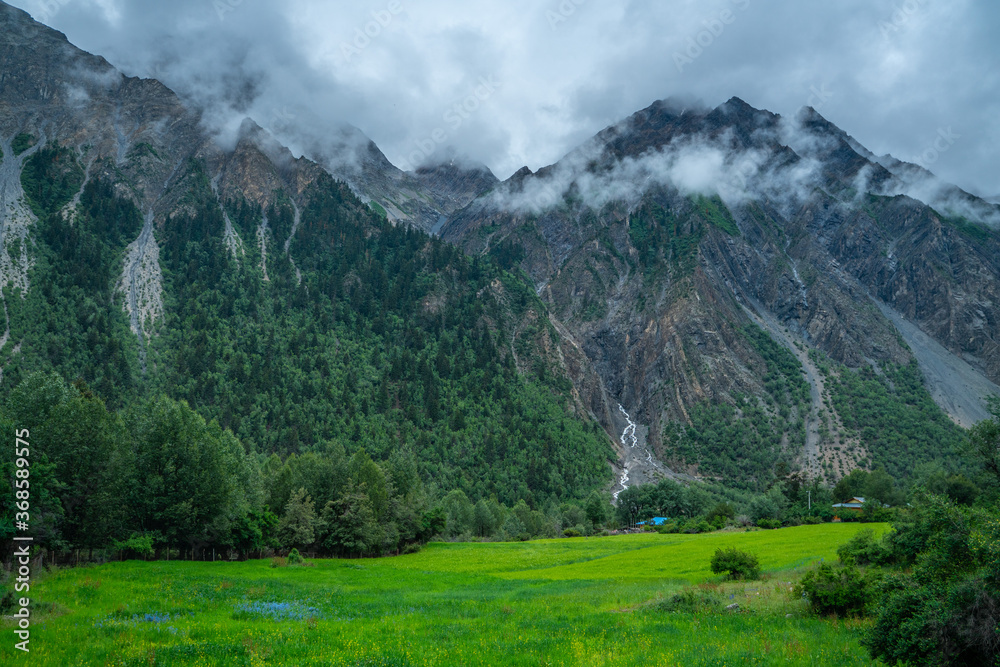A valley in Nyingchi, Tibet, summer time, on a cloudy day.