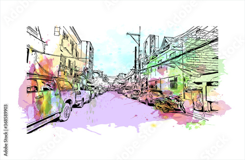 Building view with landmark of Algeciras. The Port of Algeciras is one of the largest ports in Europe. Watercolor splash with hand drawn sketch illustration in vector.