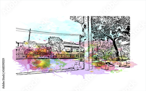 Building view with landmark of Algeciras. The Port of Algeciras is one of the largest ports in Europe. Watercolor splash with hand drawn sketch illustration in vector.
