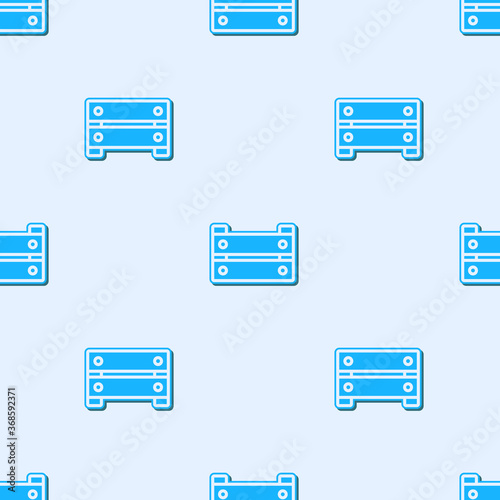 Blue line Wooden box icon isolated seamless pattern on grey background. Grocery basket, storehouse crate. Empty wooden container for vegetables, products. Vector.