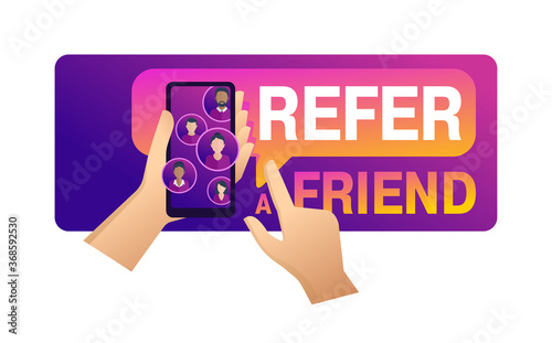 Refer a friend banner - referral program social marketing element -phone in hands touching to screen with human avatars - isolated vector web banner