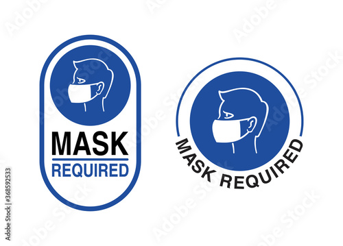 Mask required warning prevention sign - human profile silhouette with face mask in rounded rectangular frame - isolated vector information picture in 2 variations