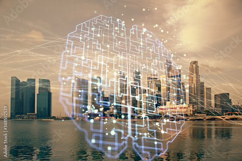 Photography Brain hologram drawing on city scape background Double exposure