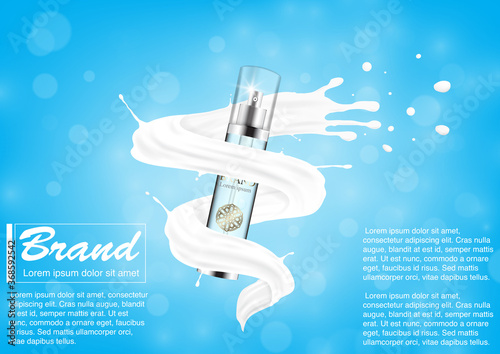 Cosmetic ad concept. Luxury spray mockup on milk splash. 3D illustration and EPS10 Vector. Use for banner, website, template, brochure, flyer and other design.