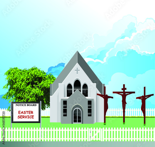 Christian parish church with Easter service commemorating the resurrection of Jesus set against a blue cloudy sky