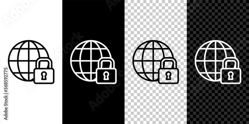Set line Global lockdown - locked globe icon isolated on black and white background. Vector.