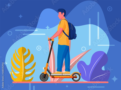 Young man on kick scooter. Guy with backpack rolling on electric scooter. Hipster character uses modern urban transport. Ecological, convenient city transportation. Cartoon flat vector illustration