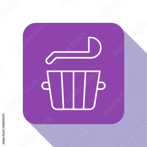 White line Sauna bucket and ladle icon isolated on white background. Purple square button. Vector.