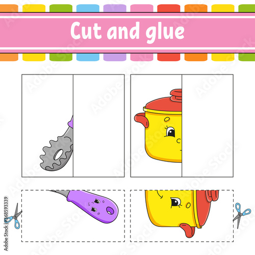 Cut and play. Paper game with glue. Flash cards. Education worksheet. Activity page. Funny character. Isolated vector illustration. Cartoon style.