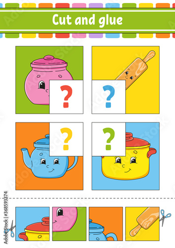 Cut and glue. Set flash cards. Color puzzle. Education developing worksheet. Activity page. Game for children. Funny character. Isolated vector illustration. Cartoon style.