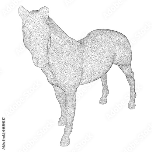 Horse wireframe made of black lines on a white background. Detailed horse from lines. 3D. Vector illustration