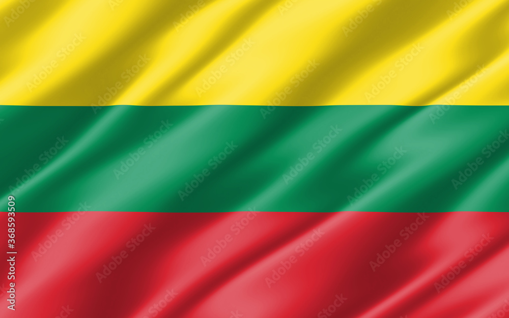 Fototapeta premium Silk wavy flag of Lithuania graphic. Wavy Lithuanian flag 3D illustration. Rippled Lithuania country flag is a symbol of freedom, patriotism and independence.