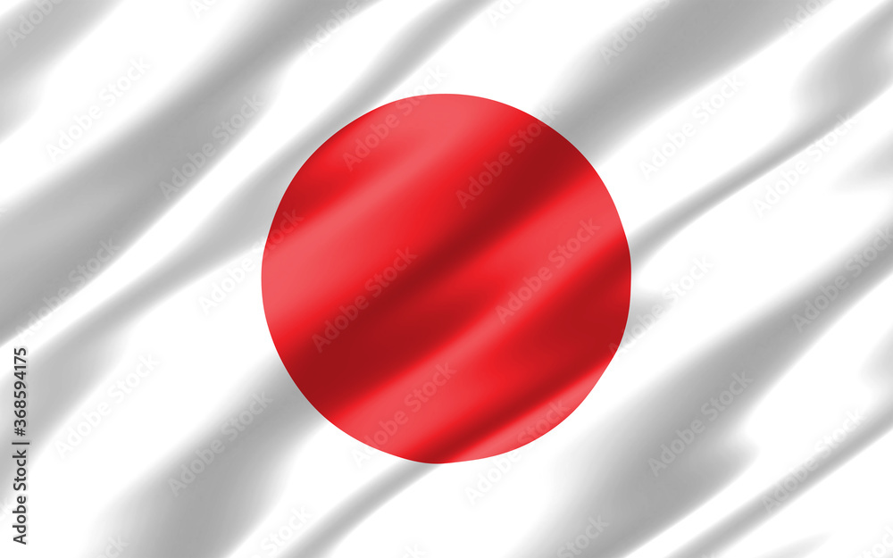 Naklejka premium Silk wavy flag of Japan graphic. Wavy Japanese flag 3D illustration. Rippled Japan country flag is a symbol of freedom, patriotism and independence.