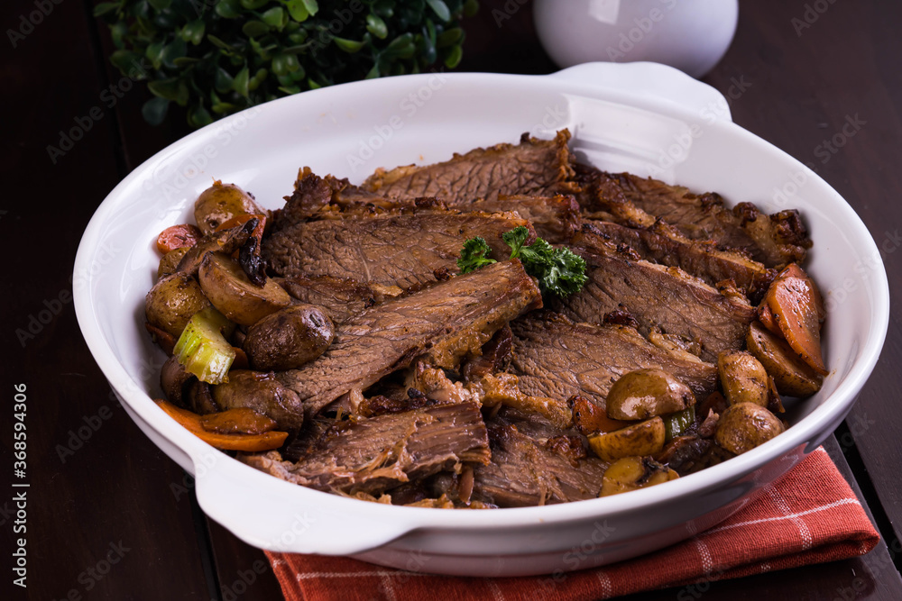 delicious roast beef with roasted potato, carrots, celery and shiitake mushroom delicious roast beef with roasted potato, carrots, celery and shiitake mushroom