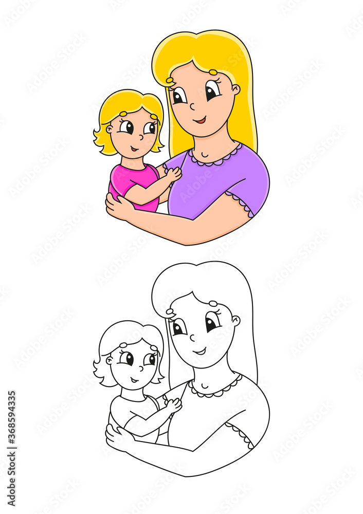 Coloring book for kids. Mother and child. Cheerful character. Vector illustration. Cute cartoon style. Black contour silhouette. Isolated on white background.