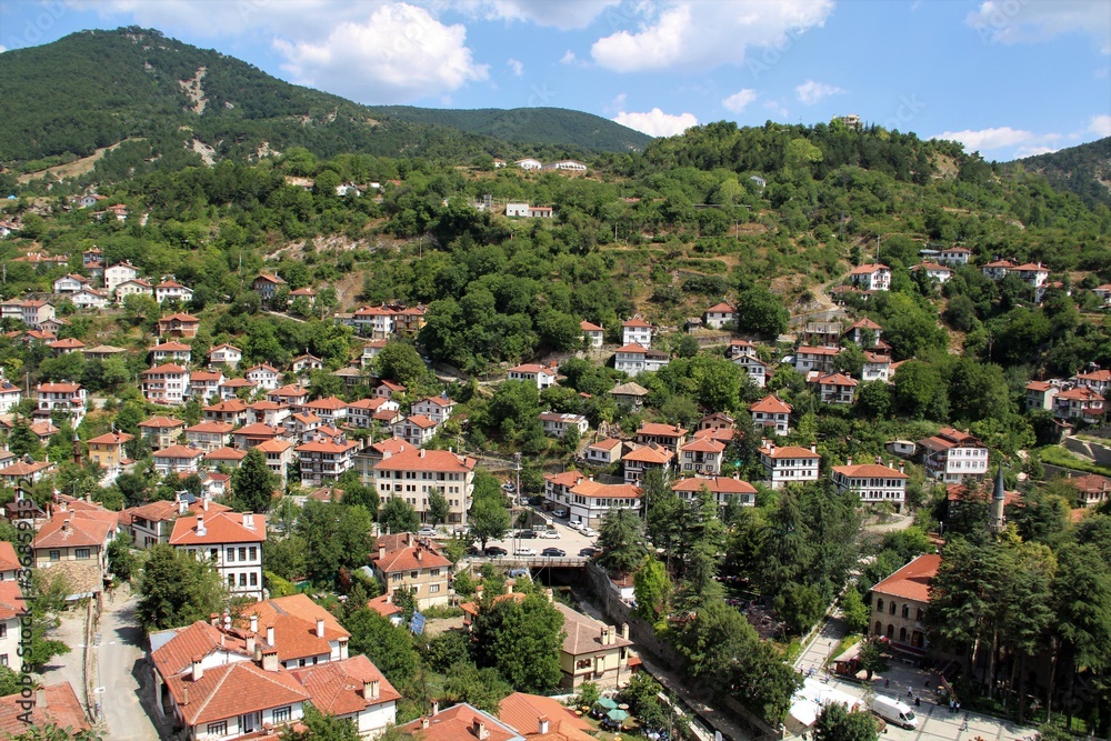 A view from Göynük district of Bolu. Traditional Bolu houses. Houses on the slope of a hill are usually made of wood. Bolu, Turkey.
