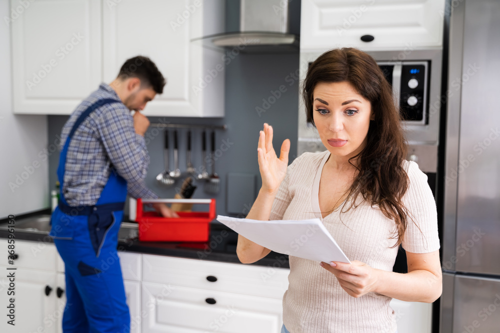 Customer Woman With Expensive Repairs Invoice Customer Woman With Expensive Repairs Invoice