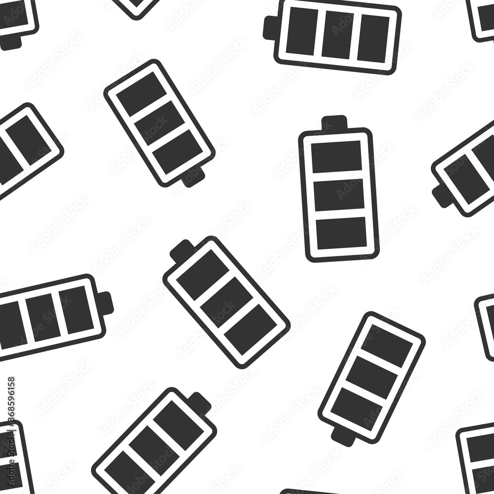 Battery charge icon in flat style. Power level vector illustration on white isolated background. Lithium accumulator seamless pattern business concept. Battery charge icon in flat style. Power level vector illustration on white isolated background. Lithium accumulator seamless pattern business concept.
