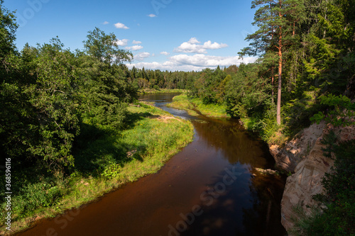 Gauja River in the summer, view from shore. view from red rocks ''Erglu klintis''