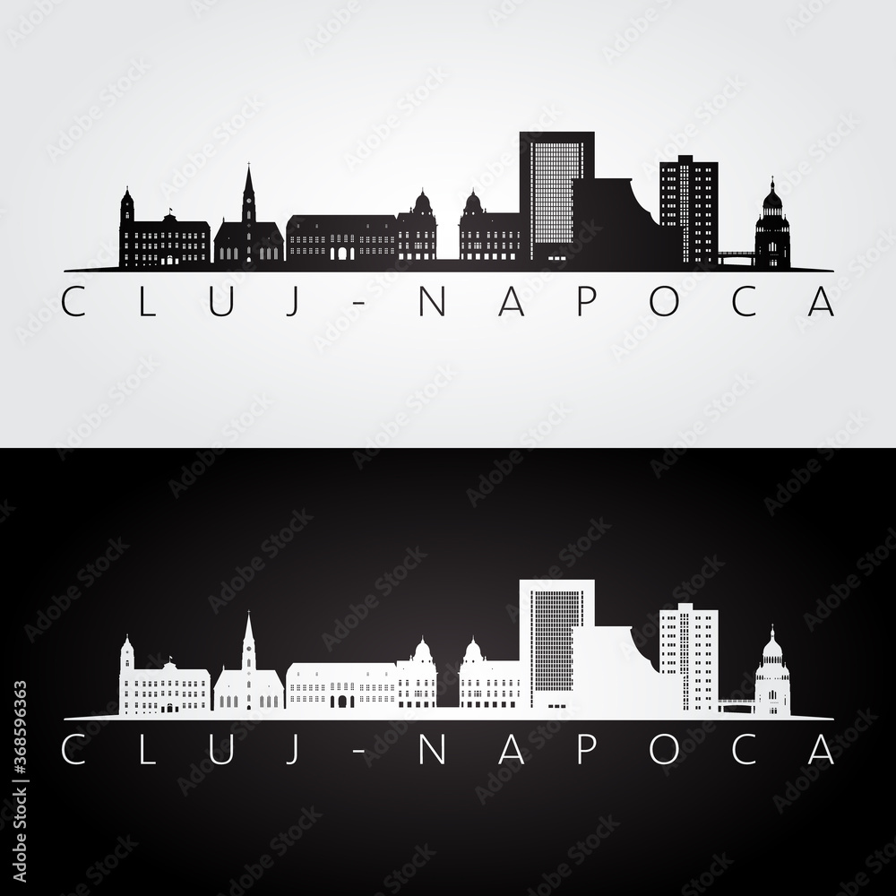 Cluj-Napoca, Romania skyline and landmarks silhouette, black and white design, vector illustration.