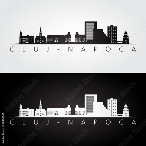 Cluj-Napoca, Romania skyline and landmarks silhouette, black and white design, vector illustration. photo