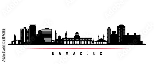 Damascus skyline horizontal banner. Black and white silhouette of Damascus, Syria. Vector template for your design.