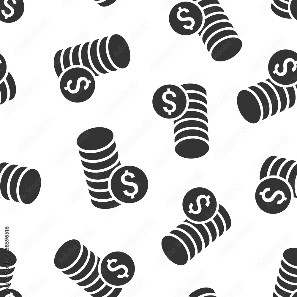 Coins stack icon in flat style. Dollar coin vector illustration on white isolated background. Money stacked seamless pattern business concept. Coins stack icon in flat style. Dollar coin vector illustration on white isolated background. Money stacked seamless pattern business concept.