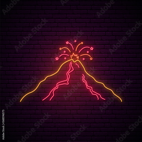 Volcano neon sign. Bright volcano explosion concept. Neon signboard. Vector illustration.