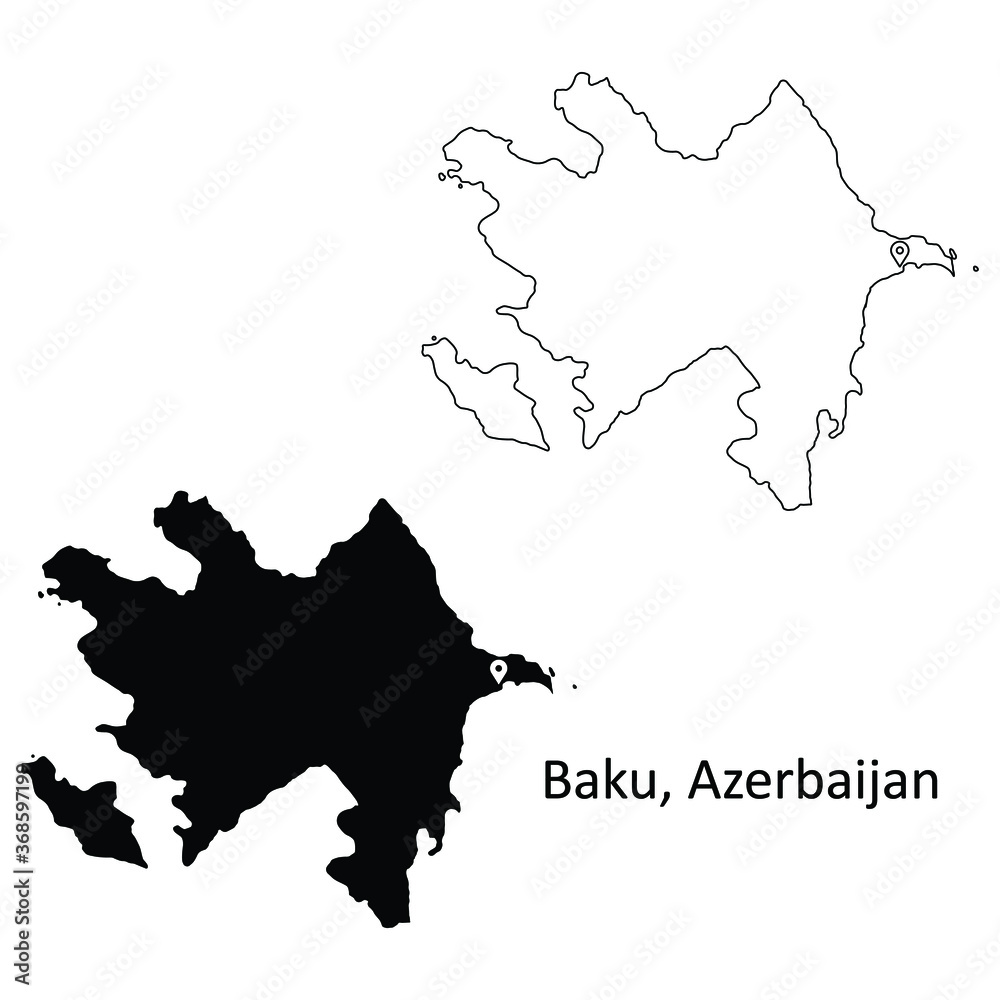 Obraz premium Baku Azerbaijan. Detailed Country Map with Capital City Location Pin. Black silhouette and outline maps isolated on white background. EPS Vector