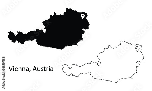 Vienna Austria. Detailed Country Map with Capital City Location Pin. Black silhouette and outline maps isolated on white background. EPS Vector