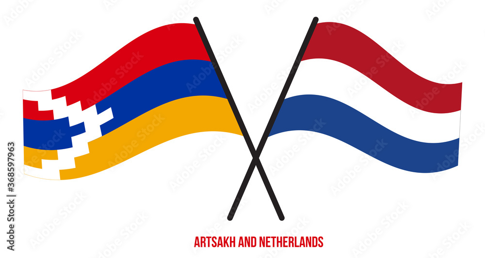 Artsakh and Netherlands Flags Crossed And Waving Flat Style. Official Proportion. Correct Colors.