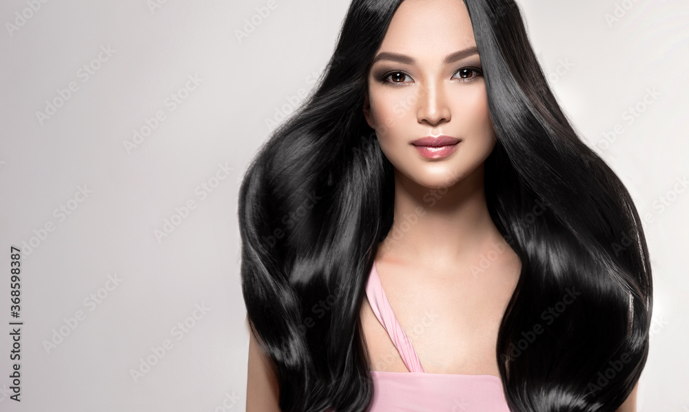 Beautiful asian model girl with shiny black and straight long hair .  Keratin straightening . Treatment, care and spa procedures for hair . Chinese  girl with smooth hairstyle Stock Photo | Adobe Stock