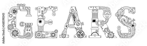 Steampunk banner. Lettering made of gears and various mechanical details on white background. Coloring the Text made of capital letters English alphabet.