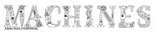 Steampunk banner. Lettering made of gears and various mechanical details on white background. Coloring the Text made of capital letters English alphabet.