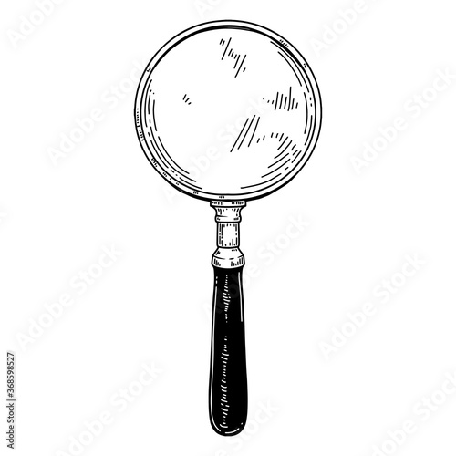 Illustration of magnifier in vintage engraving style. Design element for logo, emblem, sign, poster, card, banner. photo