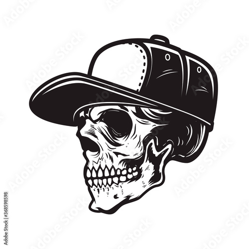 Photography Illustration of skull in baseball cap in engraving style